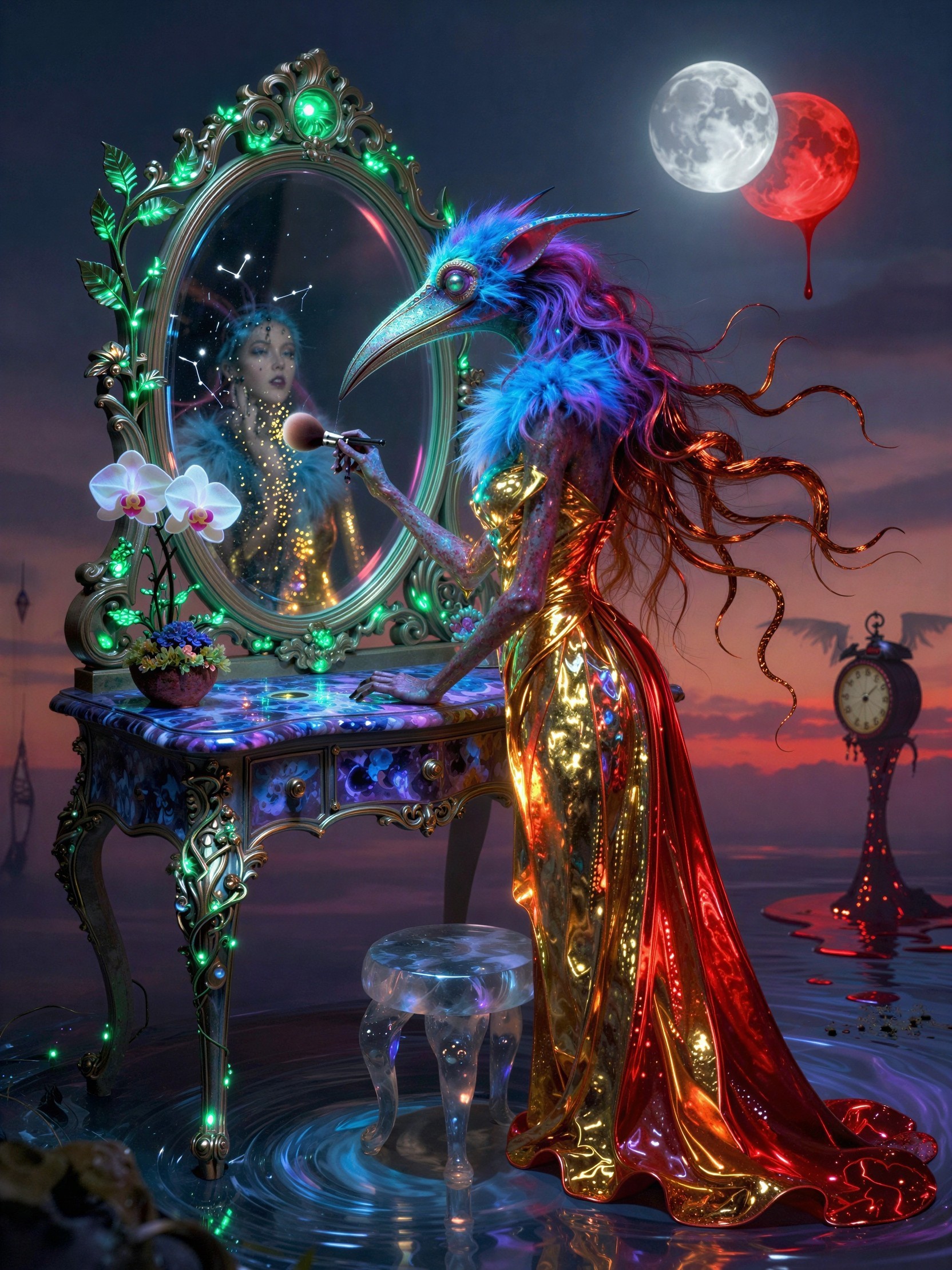 Anthropomorphic Bird with Vibrant Plumage at Vanity