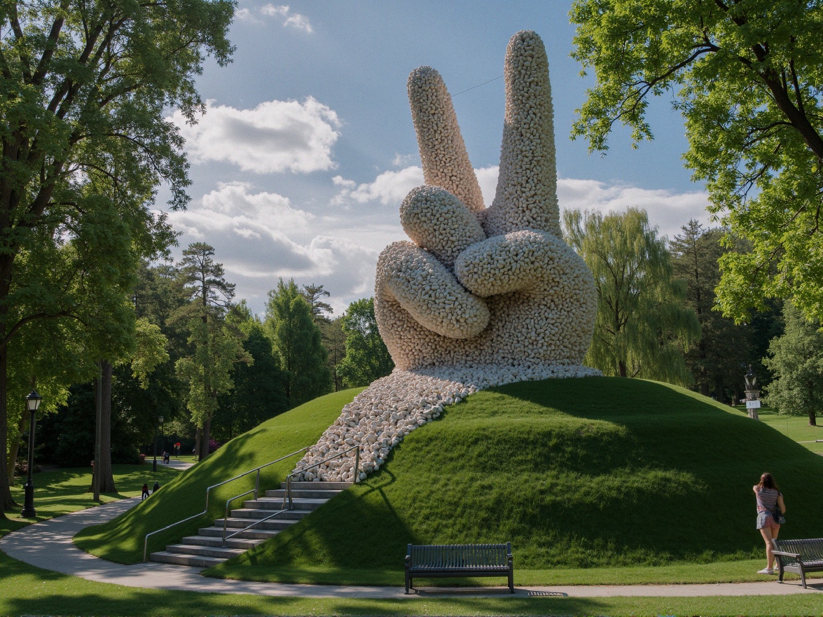 Sculpture of a hand making a peace sign on a hill