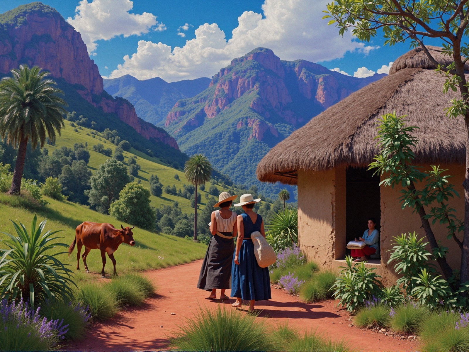 Women in Hats Walking Through a Scenic Landscape