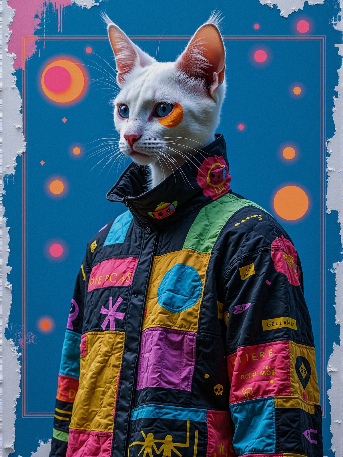 Stylish White Cat in Colorful Jacket Against Blue Background