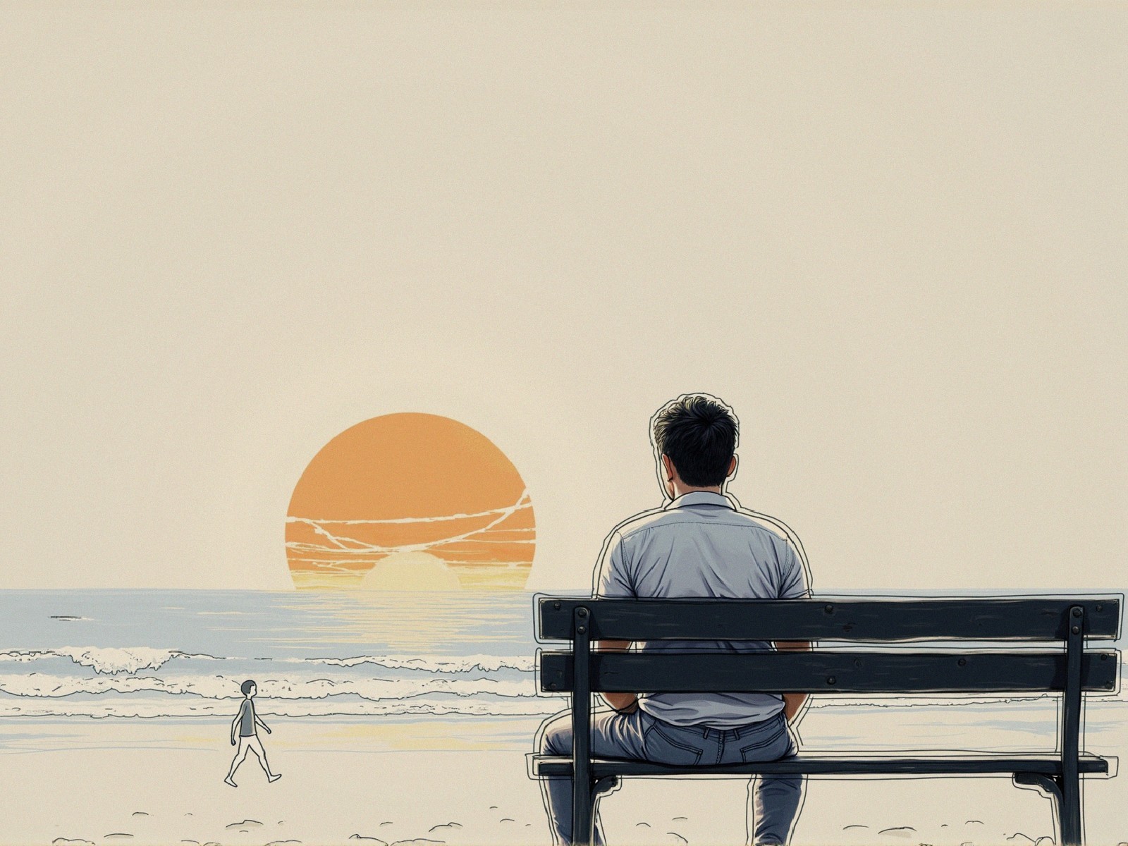 Solitary Figure on Beach Bench at Sunset