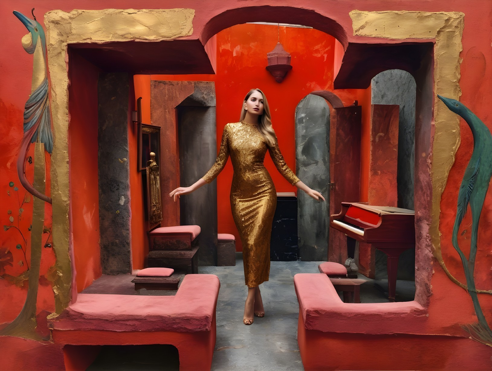 Elegant Woman in Gold Dress in Artistic Indoor Space