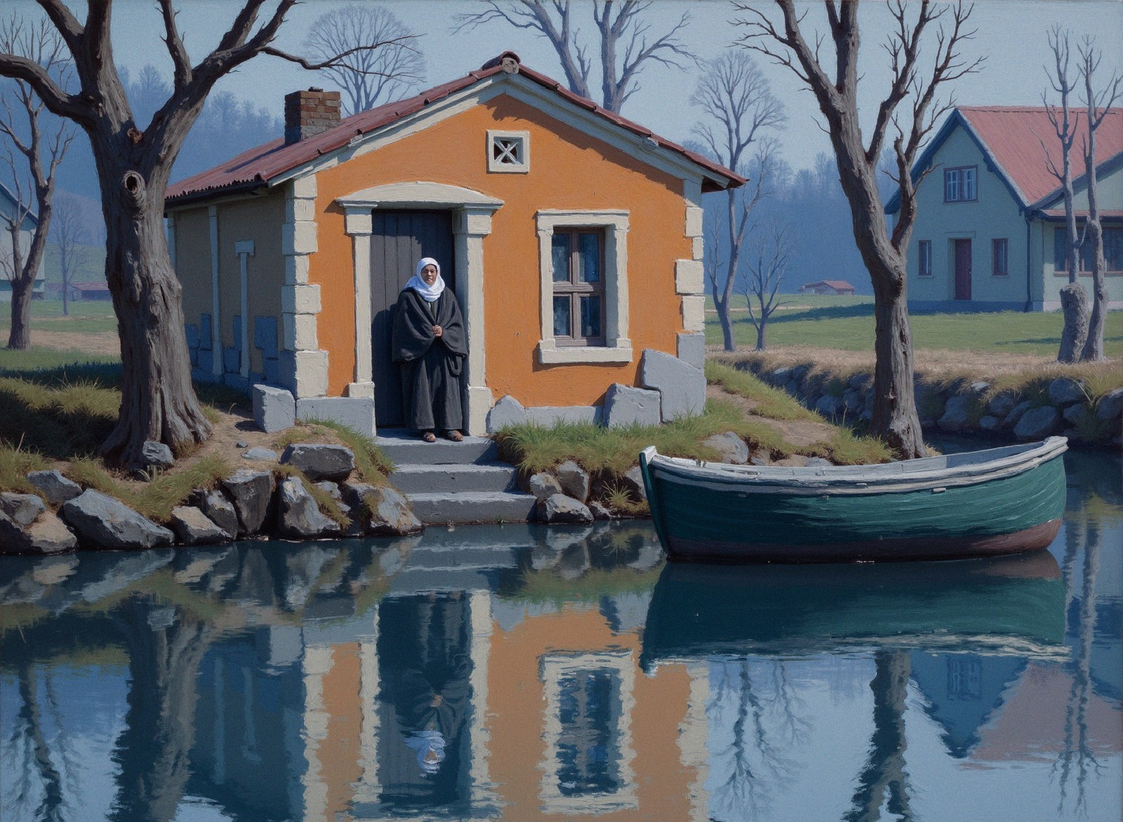 Serene Landscape with Orange House and Calm River