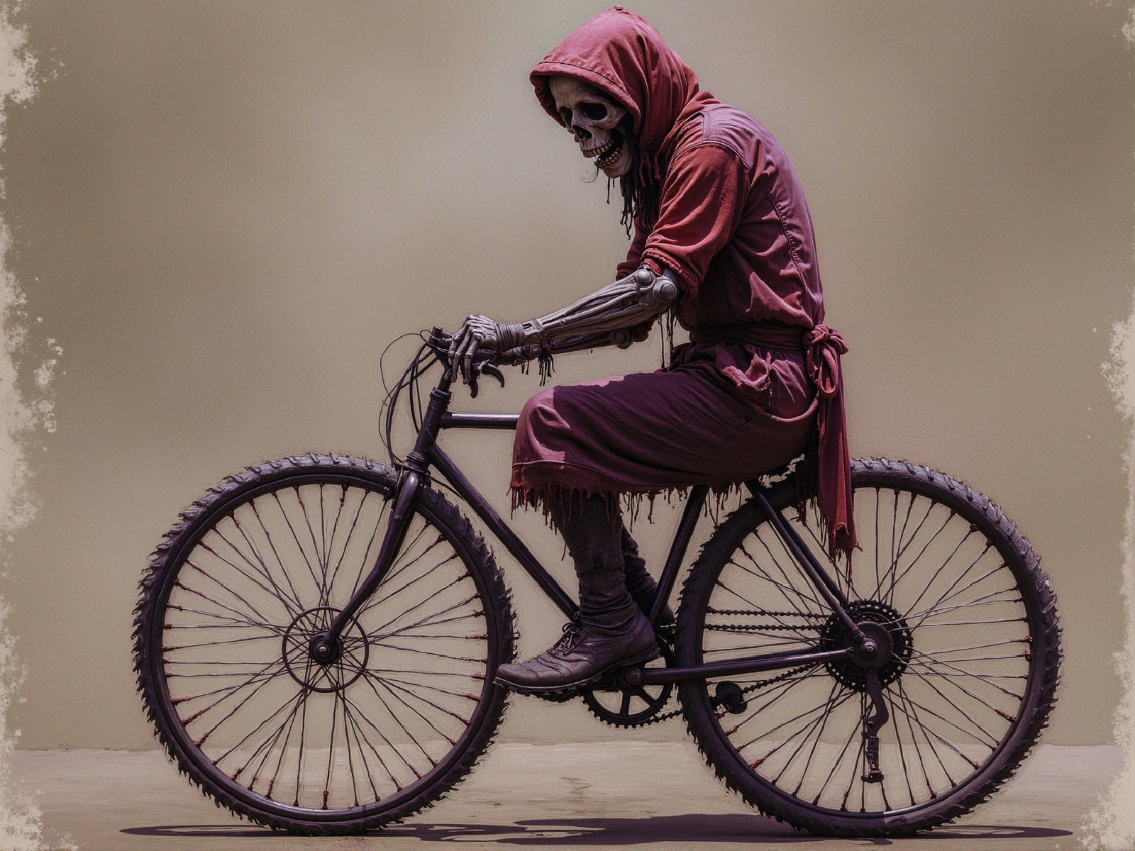 Skeletal Figure in Tattered Cloak on Vintage Bicycle