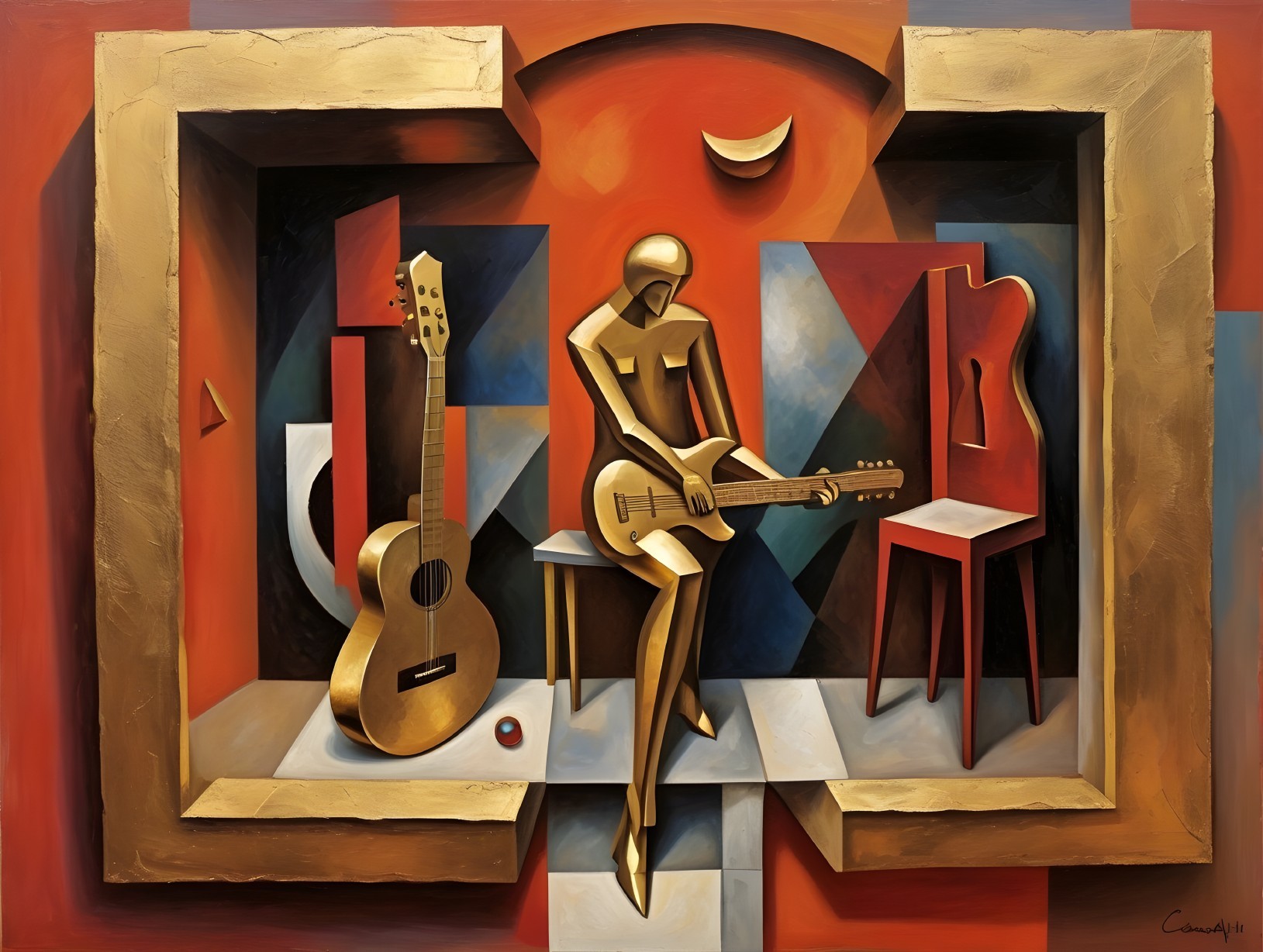 Abstract Golden Figure with Guitar on Red Background