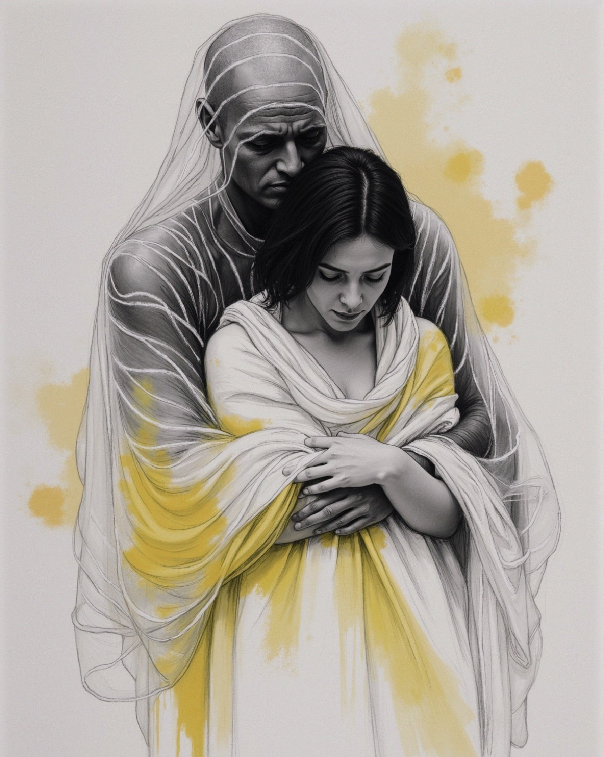 Emotional Embrace of Two Figures in Monochrome Art