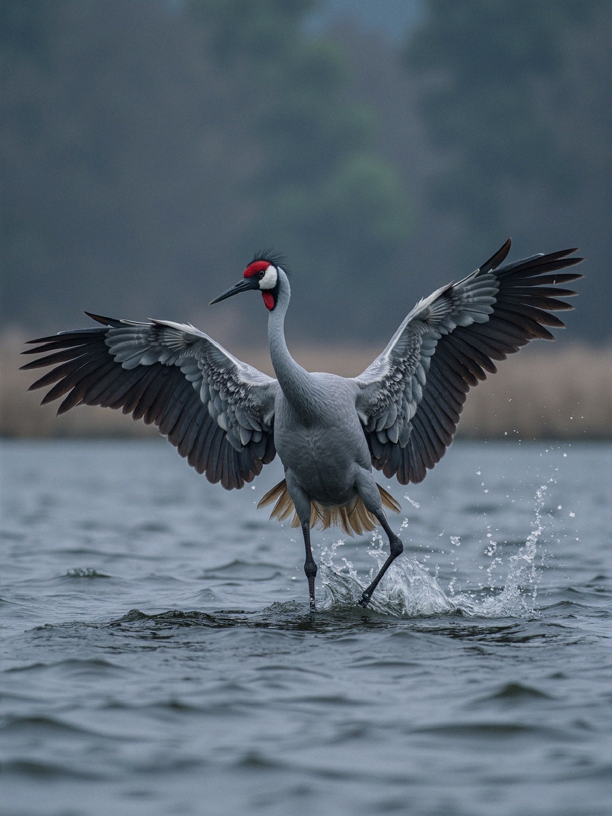 Gray Crane in Shallow Water with Spread Wings