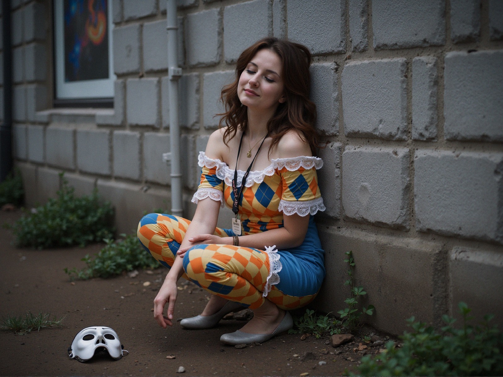 Young Woman in Colorful Outfit by Gray Brick Wall