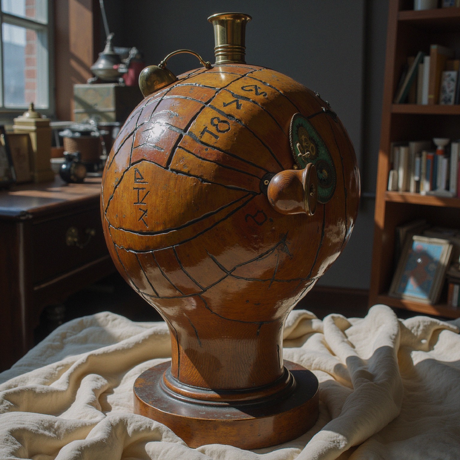 Intricately Carved Wooden Globe in Vintage Setting