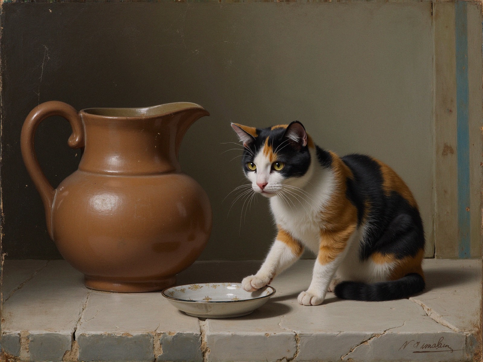 Calico Cat Beside Brown Pitcher in Soft Background