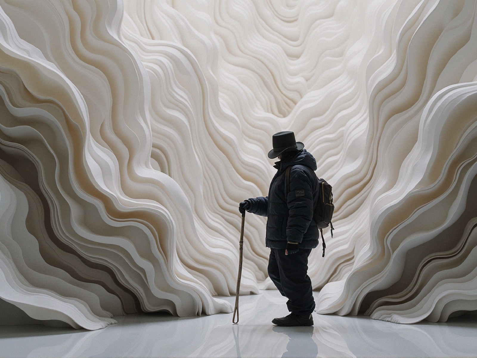 Contemplative Figure in Dark Coat Against Cream Waves