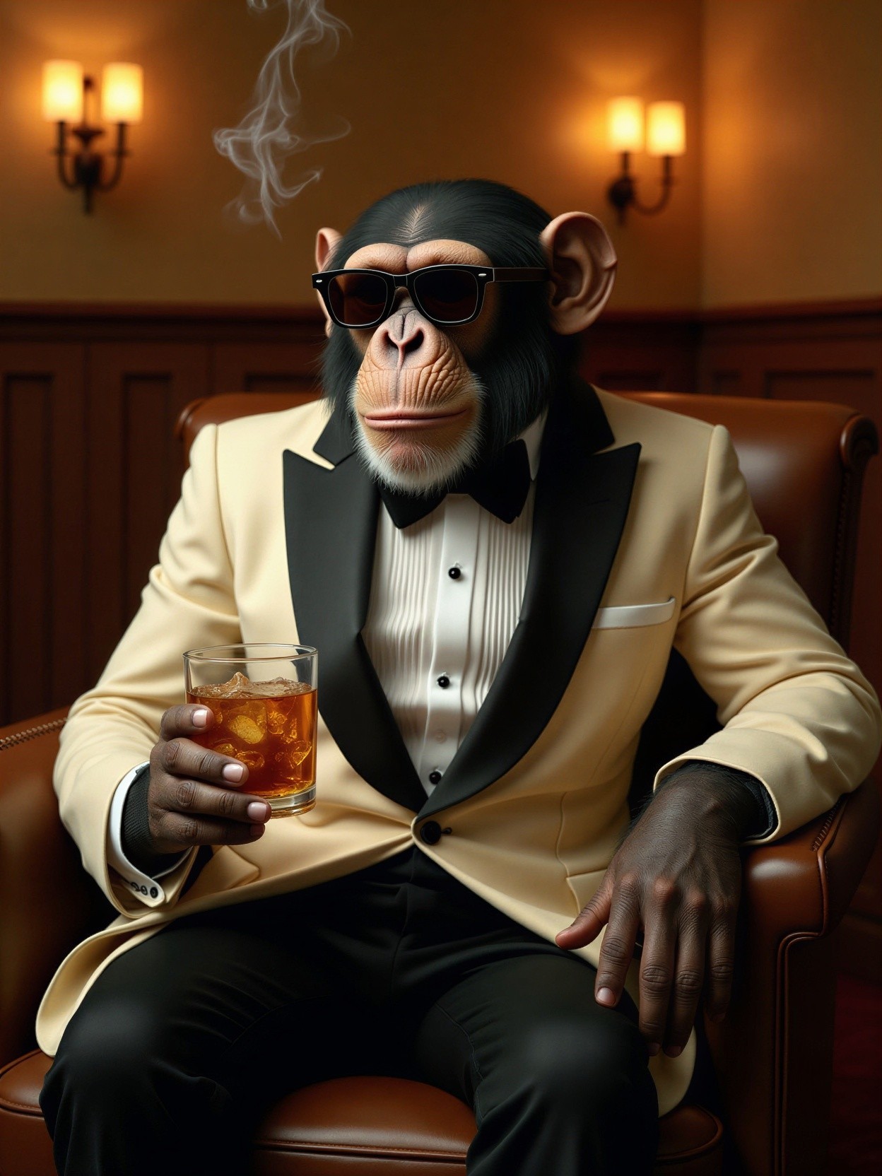 Stylish Monkey in Tuxedo Relaxing in Vintage Setting