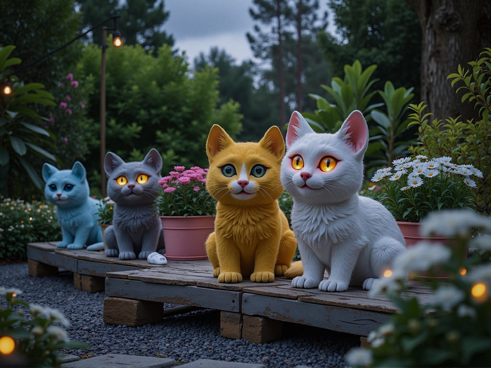 Cartoon Cat Sculptures in a Lush Garden Setting