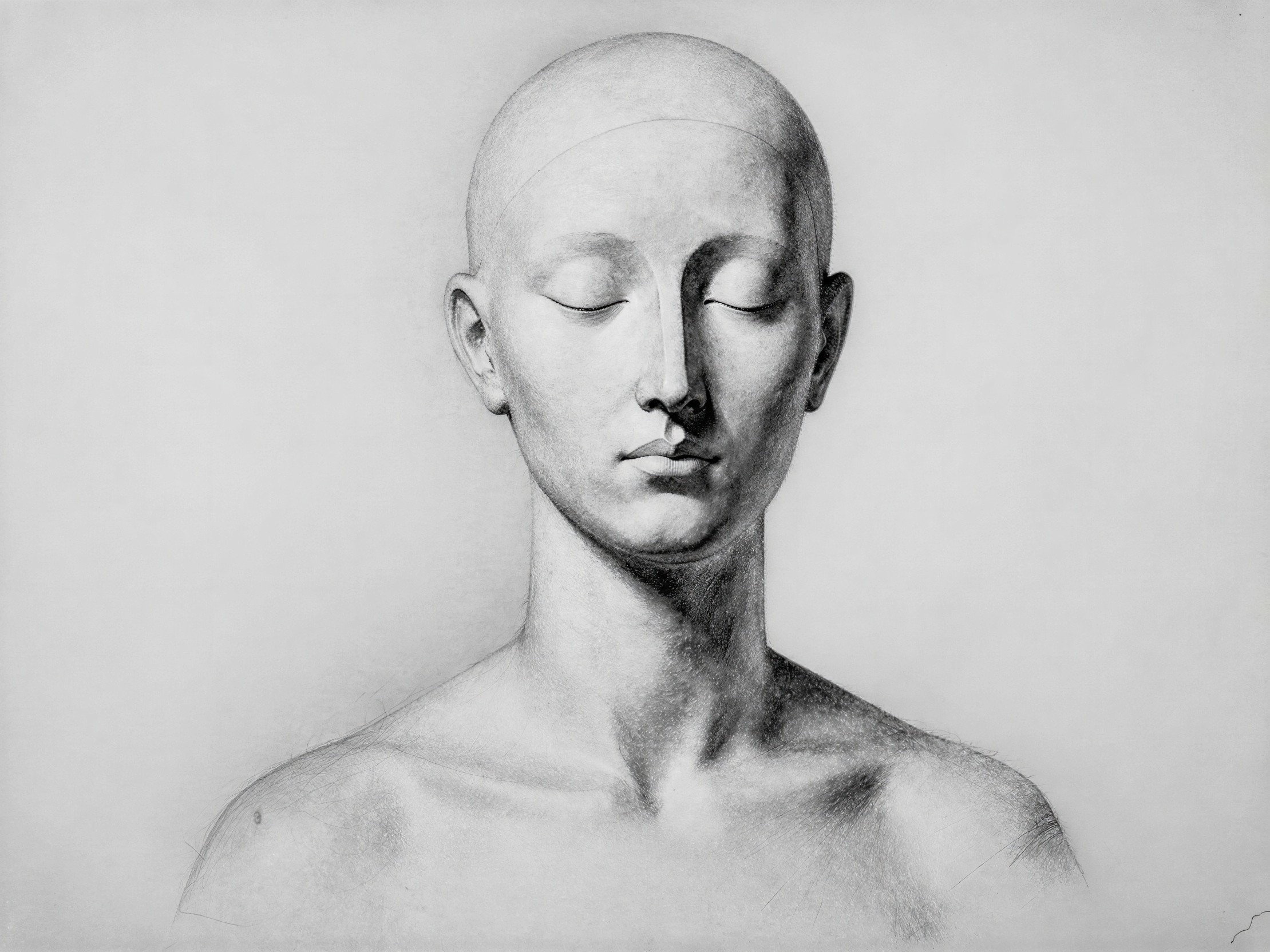 Monochrome Drawing of Bald Person with Closed Eyes