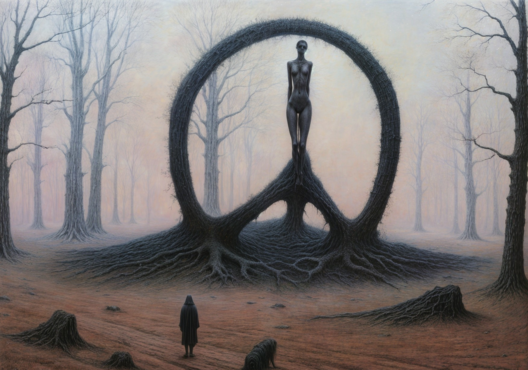 Surreal Landscape with Twisted Peace Symbol and Figures