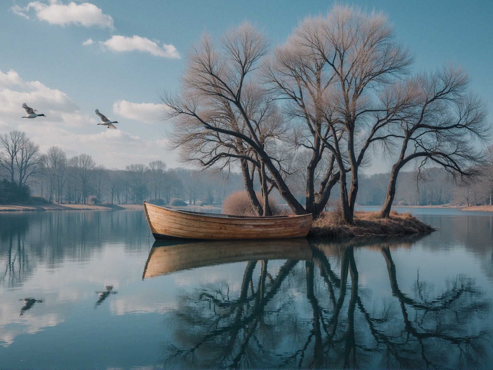 Serene Lakeside Scene with Boat and Island Reflections