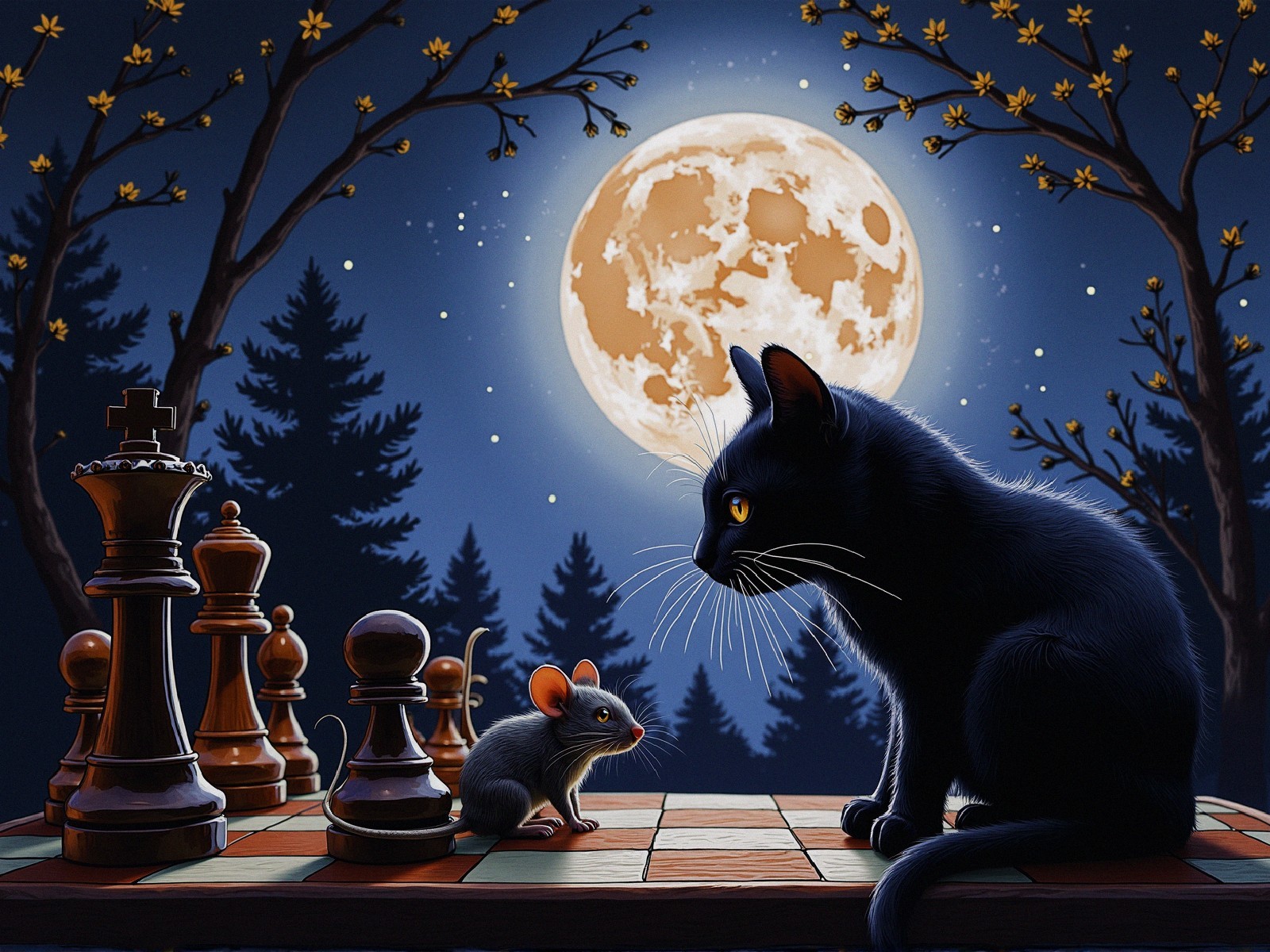Moonlit Forest Standoff: Cat and Mouse on Chessboard