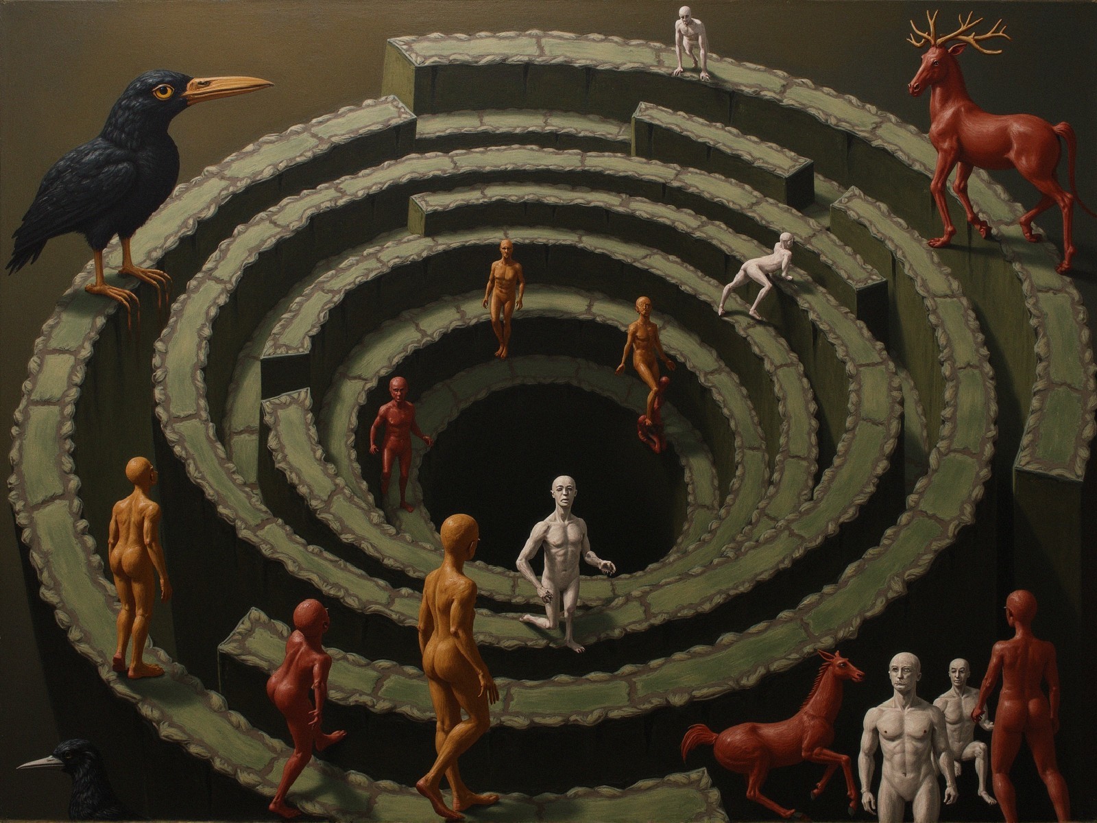 Surreal Labyrinth with Humanoids and Fantastical Creatures