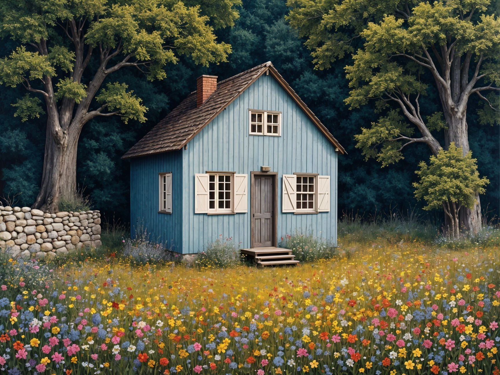 Charming Blue Cottage in Colorful Flower Meadow