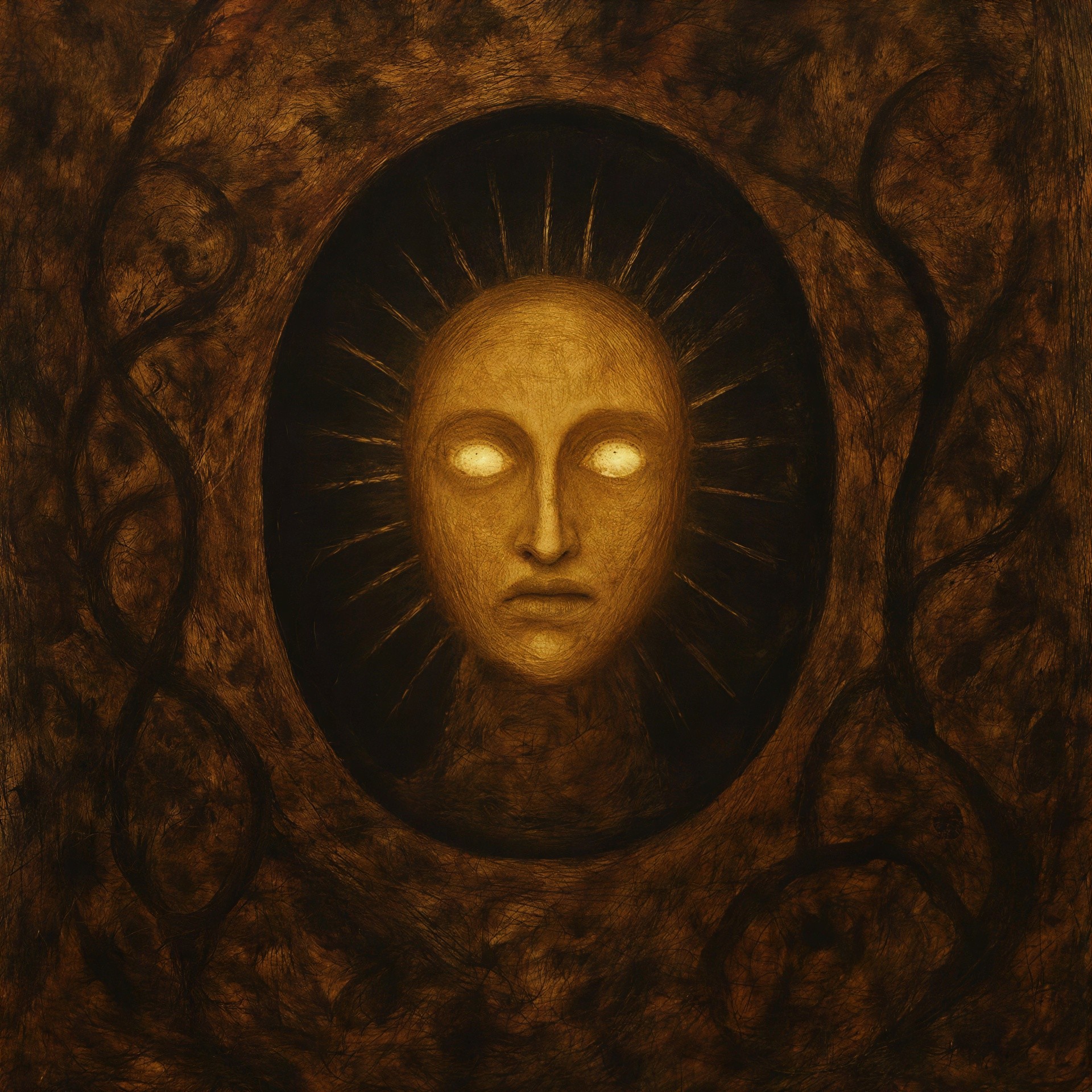Dark Fantasy Artwork of a Glowing Sun God in Void