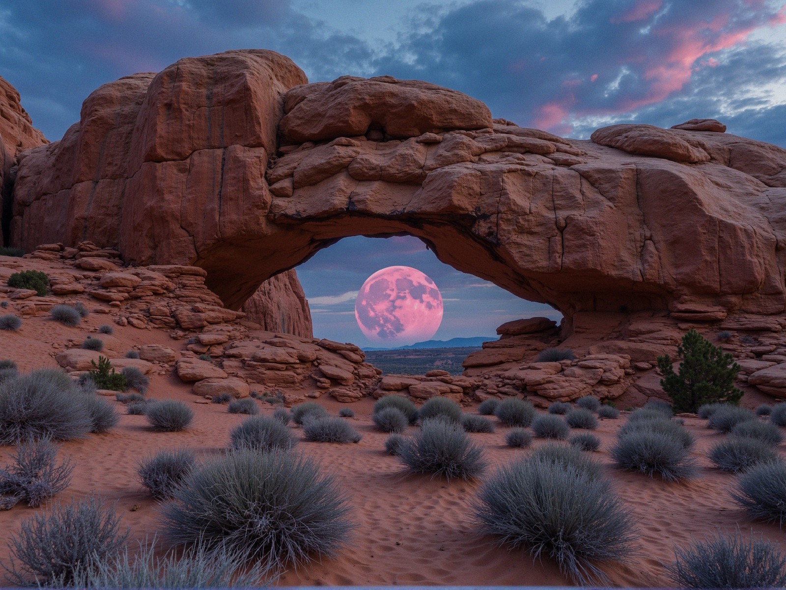 Desert Landscape with Rock Arch and Dramatic Sky