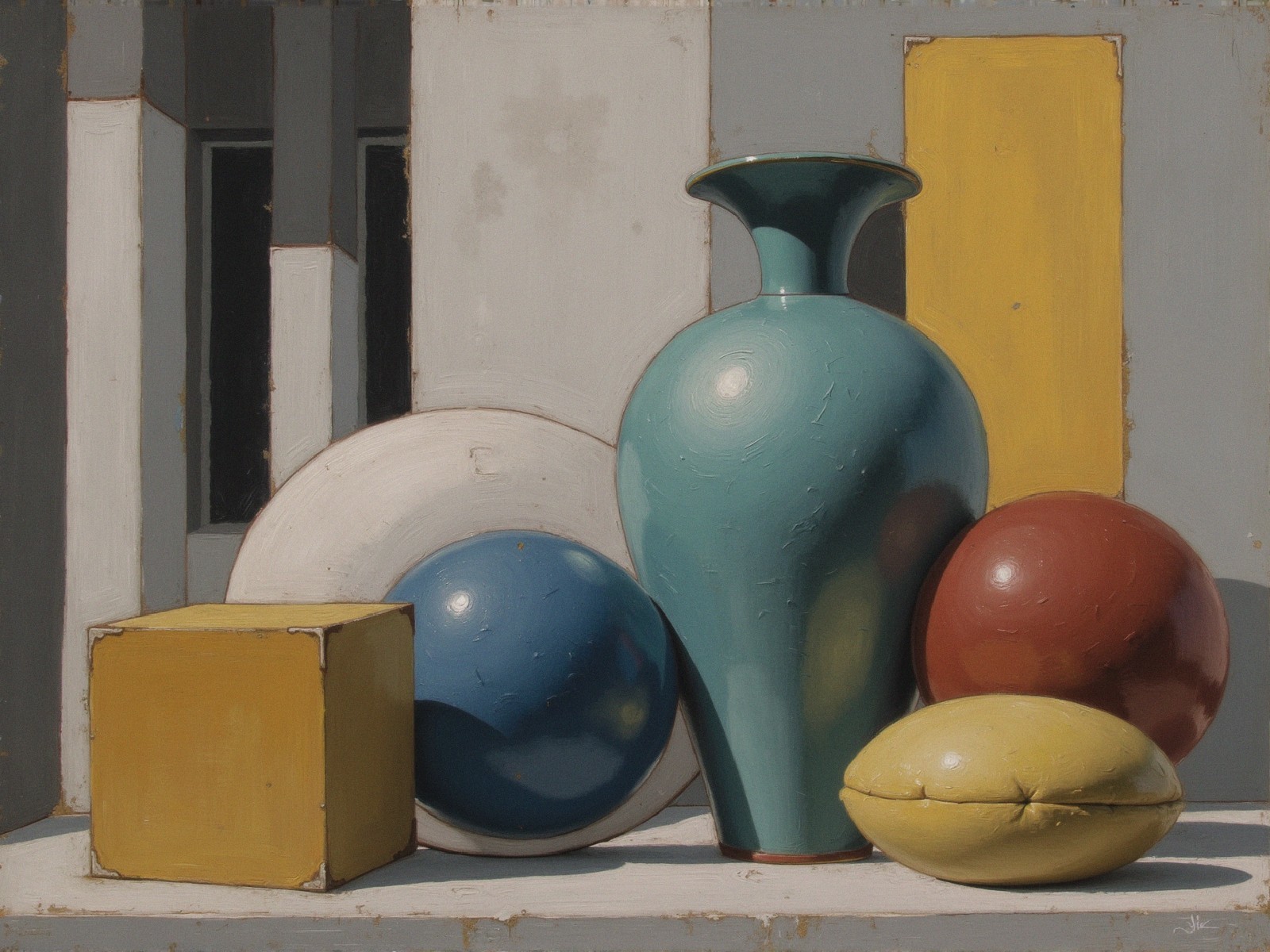 Still Life with Turquoise Vase and Geometric Shapes