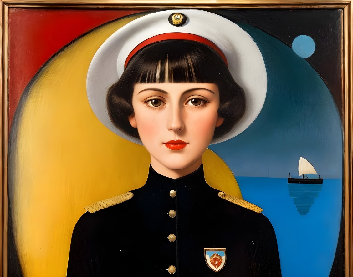 Young Woman in Naval Uniform Against Bold Backdrop