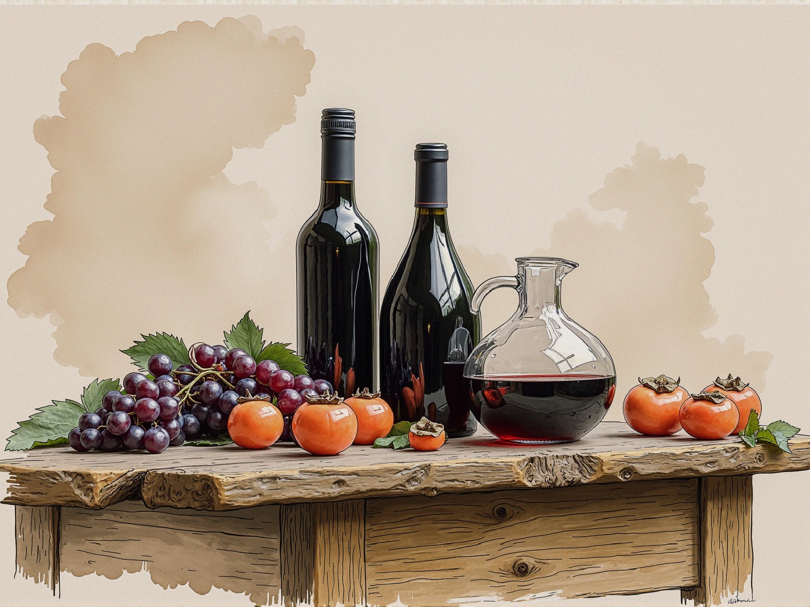 Rustic Still Life with Wine, Grapes, and Persimmons