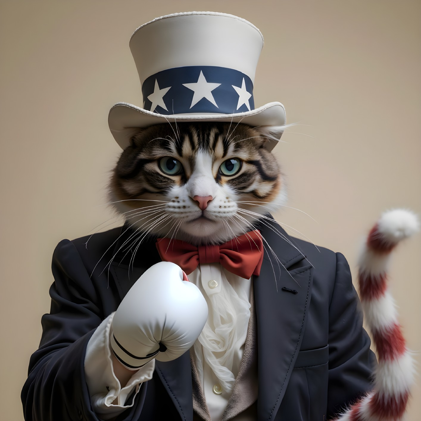 Charismatic Cat in Tuxedo with Boxing Glove and Hat