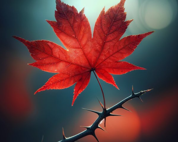 Vibrant Red Maple Leaf on Thorny Branch in Autumn