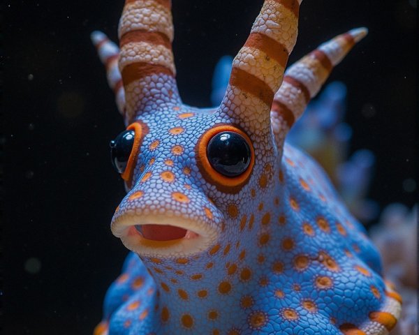 Colorful Marine Creature with Spiraled Horns and Patterns