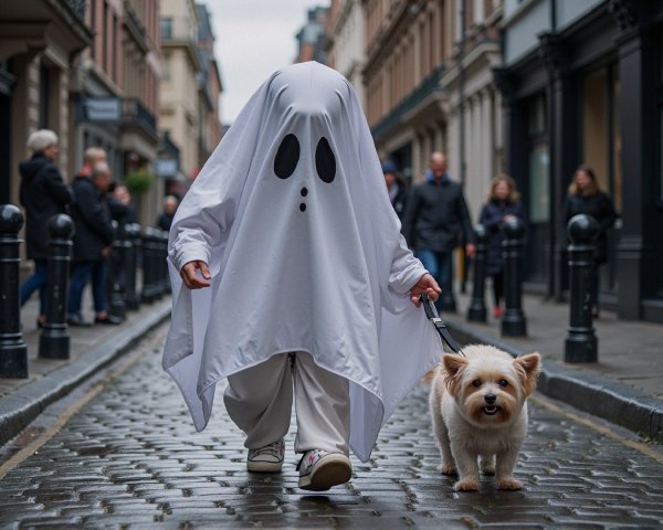 Playful Ghost Costume and Dog on Urban Street