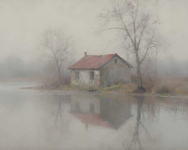 Weathered stone house by misty water landscape