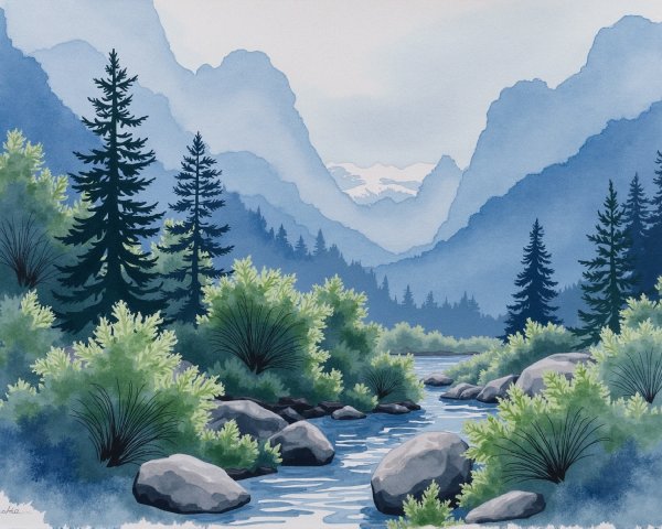 Watercolor Landscape of River in Lush Valley