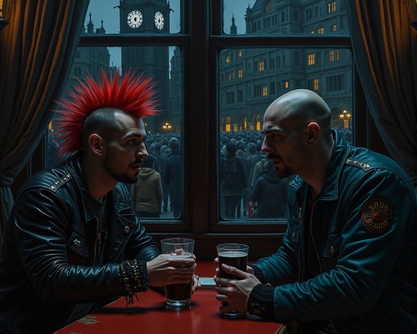 Men with Edgy Hairstyles in Dimly Lit Pub Setting
