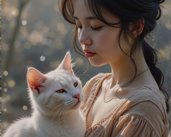 Young Woman with Cat in Dreamy Serene Setting
