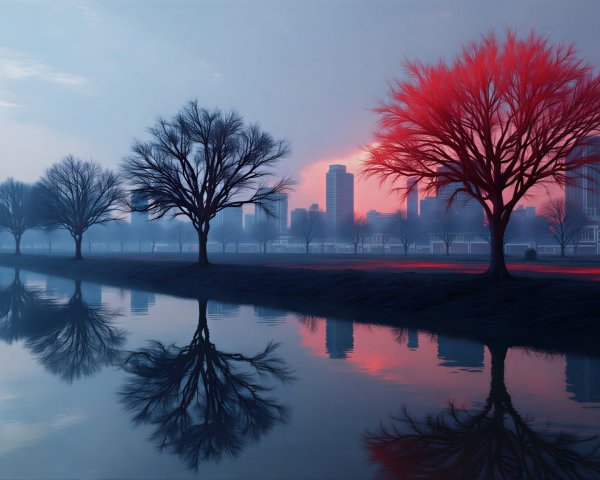 Tranquil Urban Landscape at Dawn with River and Trees