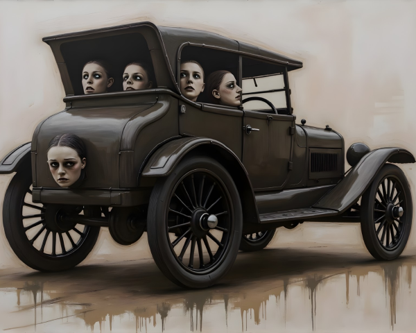 Vintage car with expressionless faces in windows