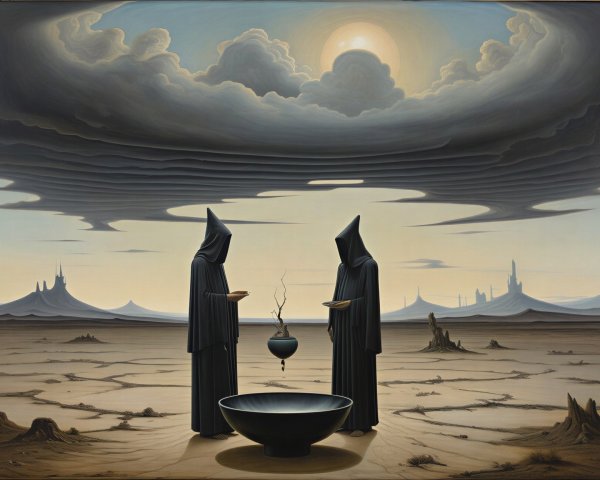 Surreal Landscape with Cloaked Figures and Cauldron