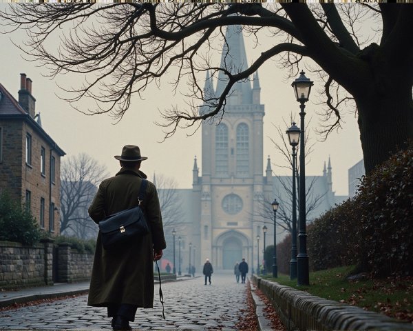 Foggy Cobblestone Street with Grand Church and Trees