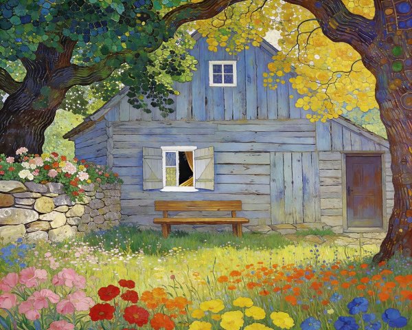 Vibrant digital painting of a charming blue house