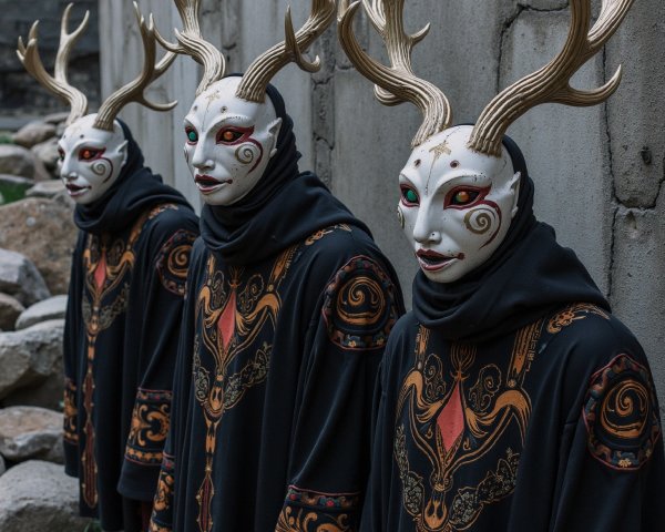Three Figures in Cloaks in a Rocky Landscape