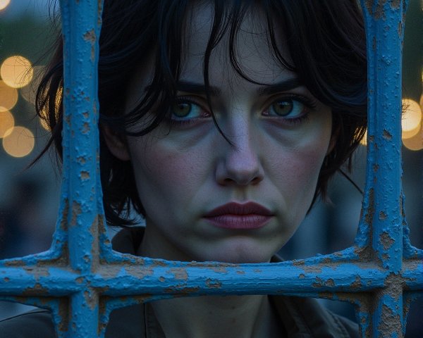 Close-up of a woman with intense gaze and blue grid