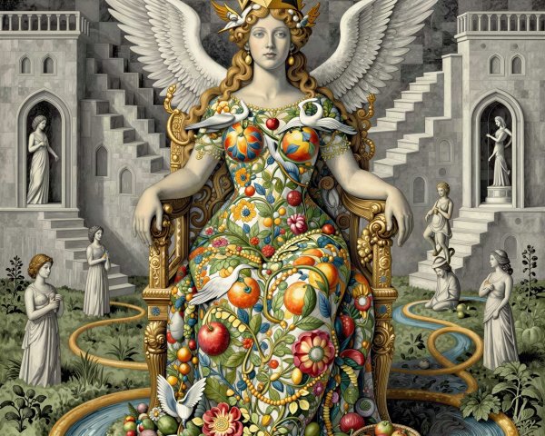 Winged Queen in Jewel-Encrusted Dress on Throne