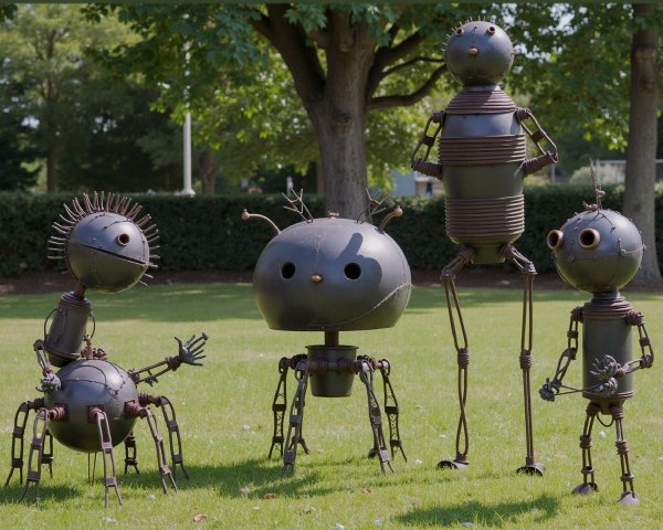 Whimsical Metal Robot Sculptures in Grassy Area