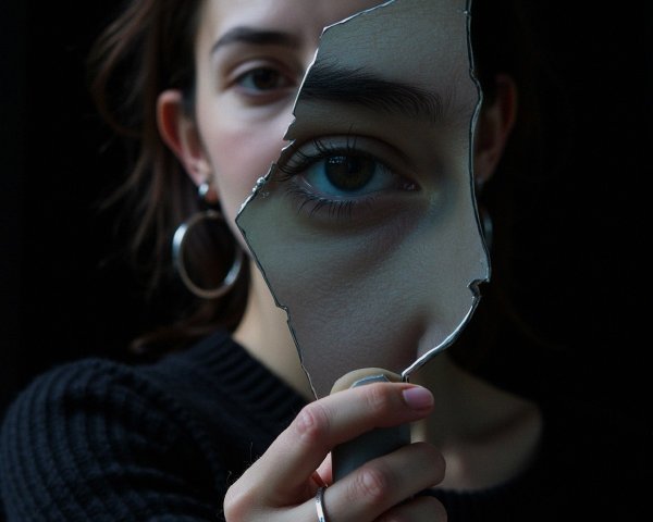 Young Woman with Cracked Mirror Reflecting Eye