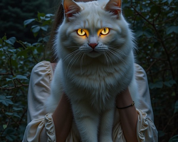 Ethereal Figure with White Cat in Twilight Forest