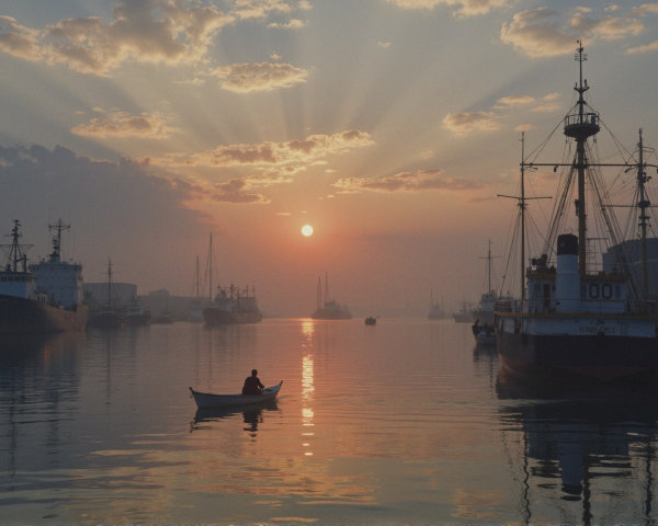 Serene Harbor at Sunrise with Boats and Calm Water