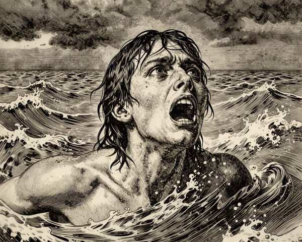 Engraving-style illustration of a man in turbulent waves