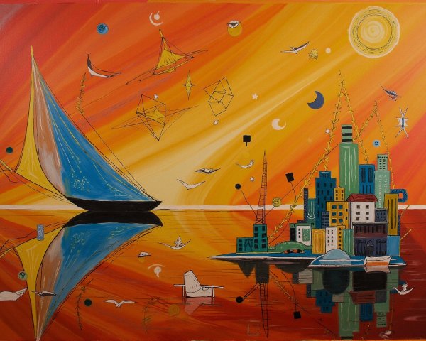Vibrant Sunset with Sailboat and Abstract Cityscape